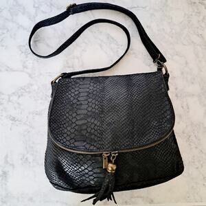 BLUE LEMON PARIS Black Snakeskin Embossed Leather Crossbody Bag Handmade Italy